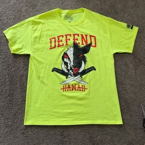 Defend Hawaii Mens T-Shirt‎ Size L Neon Yellow Hog Skull Swords Graphic Tee